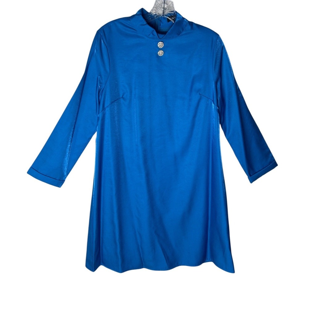 Alisa Style Womens‎ Large Blue Shimmer Dress Rhinestone Mock Neck Long Sleeve